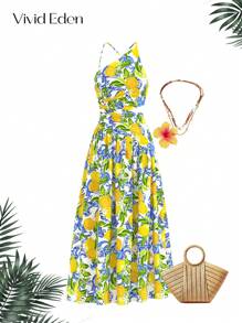 Vivid Eden Woven Printed Open Back Dress For Women,Women Summer Clothing,Vacation Style,For Beach Vacation - Yellow - View 1