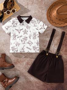 SHEIN Young Boys 2pcs Sets 2025 Spring & Summer Wildeya New Styles: Fashion Gentleman Casual Western Print Color Block Polo Shirt & Bib Shorts Set, Suitable For Outdoor Activities, Daily Wear, Ranch Theme Parties