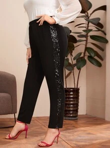SHEIN Privé Plus Sequin Panel Solid Pants - Black - View 4