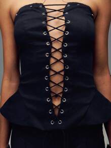 TypaGal Valentine 纯色系带拼接下摆抹胸上衣，配颈链