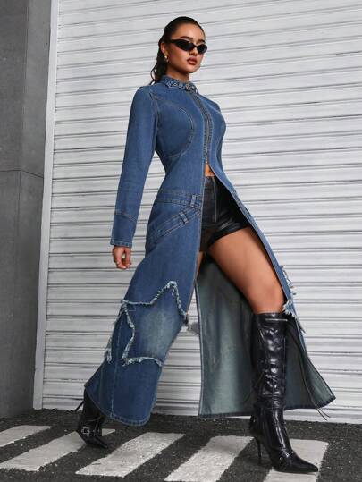 SHEIN ICON 女式秋季牛仔夹克，拉链、按扣设计、长袖、星形磨损下摆、时尚