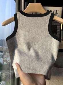 Top de tirantes informal con cuello redondo y ribete de lazo para niña preadolescente - Gris - Ver 2