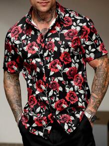 Manfinity Homme Camisa de manga corta con estampado de rosa roja sobre fondo negro para hombre
