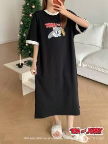 TOM AND JERRY X DAZY Cute Oversize Cartoon Print Contrast Color Design Loose Nightgown Pajama, Moo Moo - Black - View 8