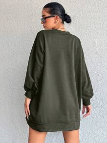 RueChic 100%Cotton Solid Drop Shoulder Sweatshirt Dress - Army Green - View 2