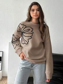 EURMUSE 100% Cotton FLOWER EMBROIDERY BLACK STITCHED WHITE SWEATSHIRT - Beige - View 3