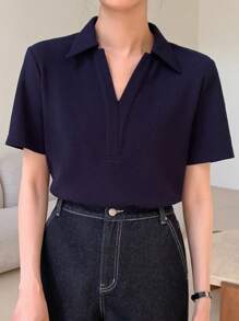 DAZY 女士休闲百搭纯色 Polo 衫短袖 T 恤，商务休闲女士 - 藏蓝色 - 查看 4