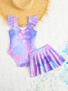 Young Girl Cute Mermaid Print Ruffled One-Piece Swimsuit With Ruffled Beach Skirt Summer Holiday