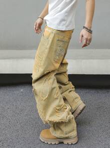 Manfinity Hypemode Men's Casual Washed Vintage Patch Denim Jeans - Yellow - View 7