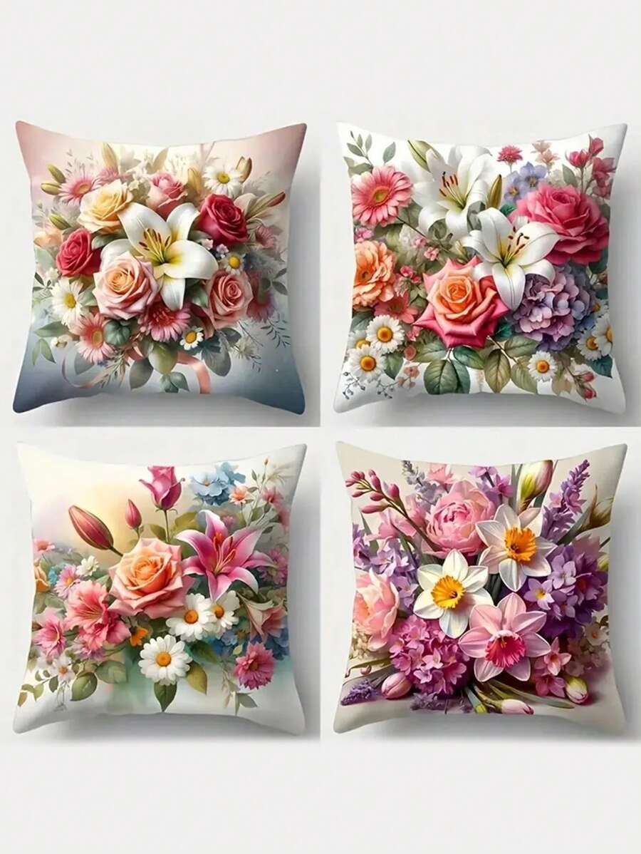 4pcs Contemporary Floral Throw Pillow Covers, 3D Pink Flower Velvet Sofa Cushion Cases, Machine Washable, Woven Polyester, Zipper Closure, With 17.7x17.7 Inch For Living Room Decorative Pillowcases Without Inserts,Fall Decor,Autumn Decor,Room Decor