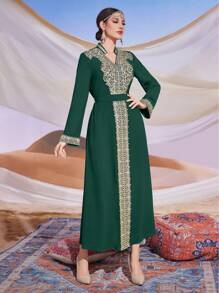 Al Najma Ladies' Embroidered Beaded Belt Patchwork Cutout Neckline Jalabiya Dress, Elegant Evening Party Maxi Dress