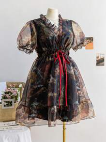 Soleia Plus Size Women's Spring Resort Classical Mural Print V-Neck Puff Sleeve Tie Bow Waisted A-Line Short Dress - Multicolor - View 7