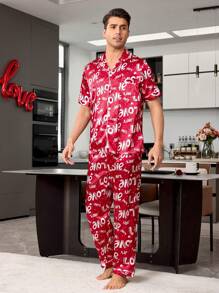 بيجاما رجالية خفيفة الوزن، طقم سترة قصيرة الأكمام مفتوحة أمامها مطبوع عليها حروف باللون الأحمر قماش شرير كهدية عيد الحب للرجال