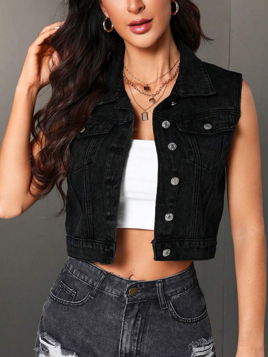 SHEIN Essnce 女式前扣无袖口袋休闲牛仔夹克 - 黑色 - 查看 1