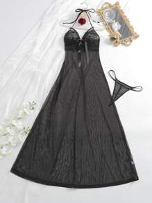 Seduluxe 2 piezas Vestido camisón de lencería para mujer con encaje floral romántico, elegante y sexy, malla translúcida y lazo grande, color negro