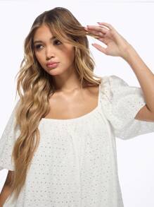 MISSGUIDED 英式刺绣泡泡袖罩衫迷你连衣裙，背面系带细节，夏季婚礼宾客派对波西米亚风格挤奶女工风格方领孔眼 - 白色 - 查看 4