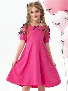 SHEIN Explorewe Girls Fuchsia Bow Decor Dress