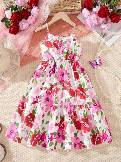 SHEIN Explorewe Young Girl Floral Holiday Sleeveless Waist Cinched Princess Dress, Stylish & Adorable Spring/Summer Beach Vacation Daily Wear, Mommy And Me Matching Outfits (2 Pieces Sold Separately)
