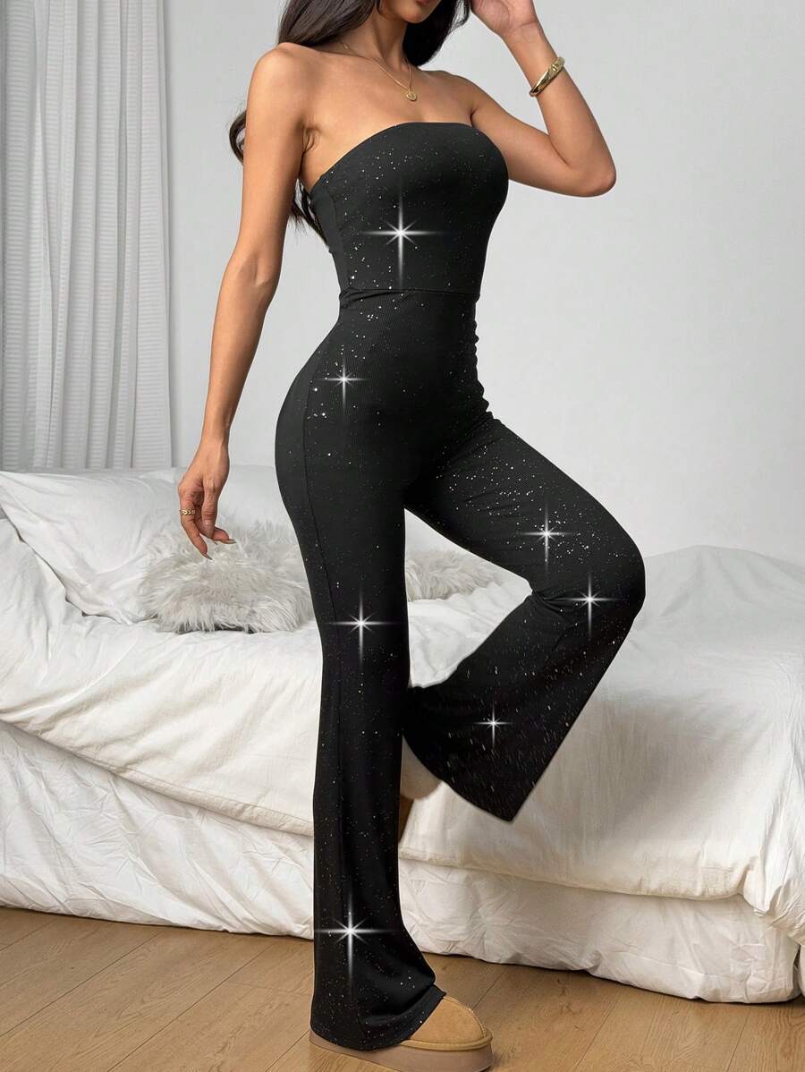 Chiquease Sexy European Style Bandeau Backless Elastic Slim Fit Shiny Long Jumpsuit For Ladies - Black - View 1