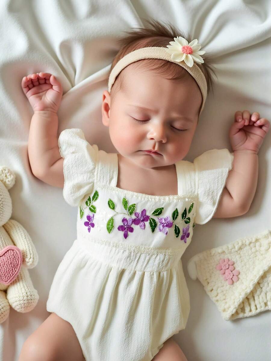 女婴夏季优雅刺绣无袖连体衣