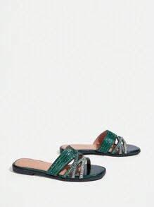 CUCCOO TILAWA 金色渐变水钻装饰休闲派对拖鞋、凉鞋春季鞋春假复活节 - 墨綠色 - 查看 3