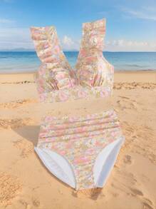 Swim Mod Summer Vacation V-Neck Floral Ruffle High Waisted Bikini Set - Multicolor - View 6