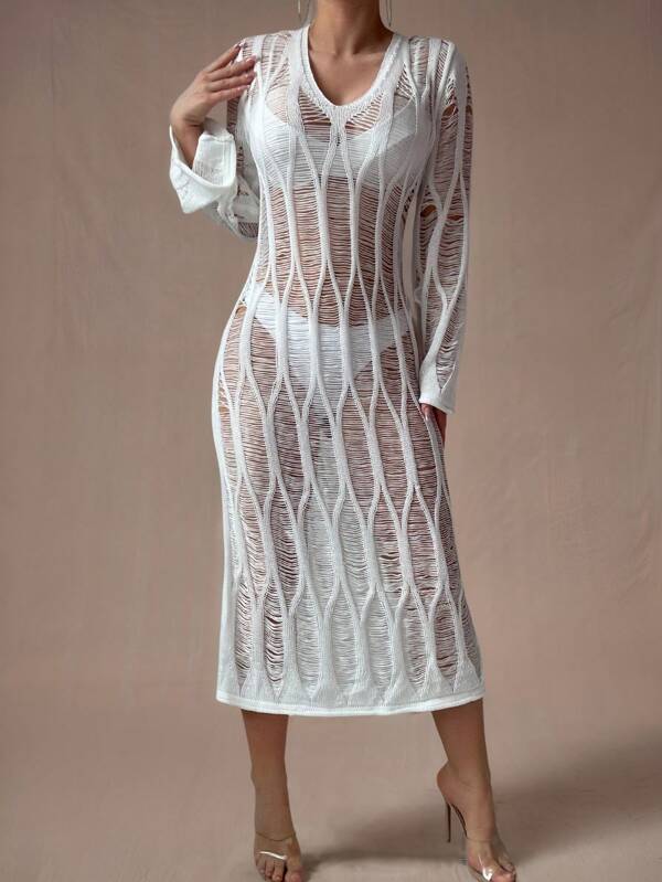 Vestido largo de mujer para verano con escote en V, manga larga, recortes calados, para la playa/vacaciones, bañador con espalda descubierta y lazos