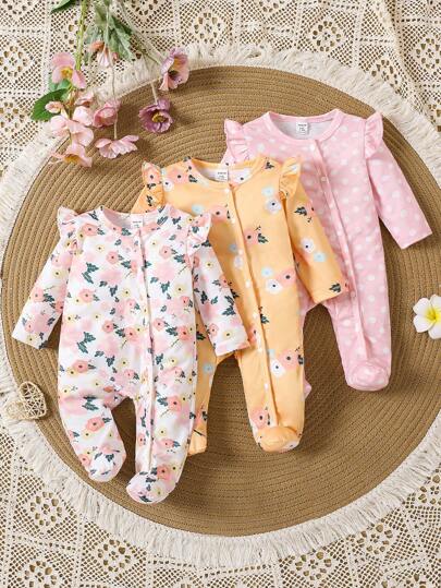 3 件套新生儿小碎花圆点针织连体衣套装，长袖和连脚，春夏家居服