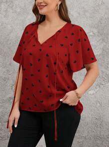 Reflora Plus Size Ruffle Heart Decor Summer Shirts, Casual And Fashionable For Daily Wear - Burgundy - View 5