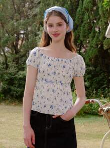 Wildeya Elegant Ditsy Floral Crew Neck Fitted Short Sleeve T-Shirt For Teen Girls, Casual All-Match Versatile, Suitable For And School, Suitable For Spring And Summer, Girls Exquisite Clothing, Princess Style, And Cute, No Traditional Patterns, Mainly Floral/Partial Decoration