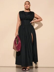 SHEIN BAE New Sleeveless Empire Waist High Slit Dress For Plus Size Women, Spring/Summer,Birthday Dresses For Women - Black - View 3