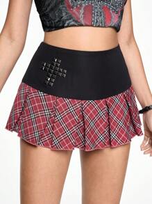 ROMWE Grunge Punk 朋克摇滚音乐节格纹十字铆钉装饰超低腰 A 字形迷你裙