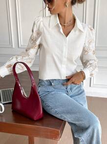 SHEIN Frenchy Women's White Floral Elegant Everyday Blouse,Autumn Casual Patchwork Long-Sleeved Shirt,Spring/Summer Sleeves Positioning Print Lapel Blouse,Flower - Multicolor - View 5