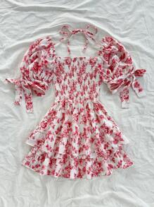 Soleia 花卉印花泡泡袖方领女式休闲度假连衣裙，适合春季