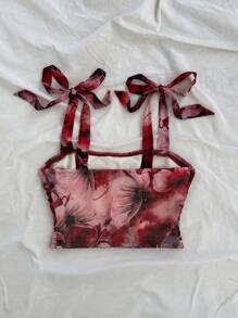 Soleia Vacation Women's Retro Floral Print Gathered Shoulder Tie Bowknot Cropped Tank Top,Valentine's Day,Summer For Women,Beach For Woman,Mardi Gras,Western Wear Woman,Birthday For Women,Crop Top Woman