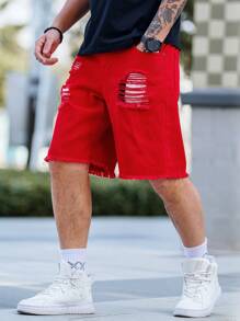 Manfinity Homme Short en jean décontracté à jambe droite avec détail de poche pour hommes - Rouge - Voir 5