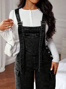 SHEIN ICON 女士牛仔背带裤和连体裤，简约时尚休闲日常穿着 - 黑色 - 查看 3