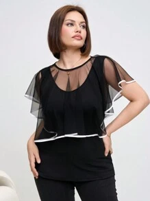 SHEIN Clasi 大码网眼披肩，优雅简约无袖休闲日常穿着 - 黑與白 - 查看 5