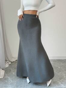 Chiquease 2024 秋冬时尚优雅高腰美人鱼长针织裙 - 灰色 - 查看 6