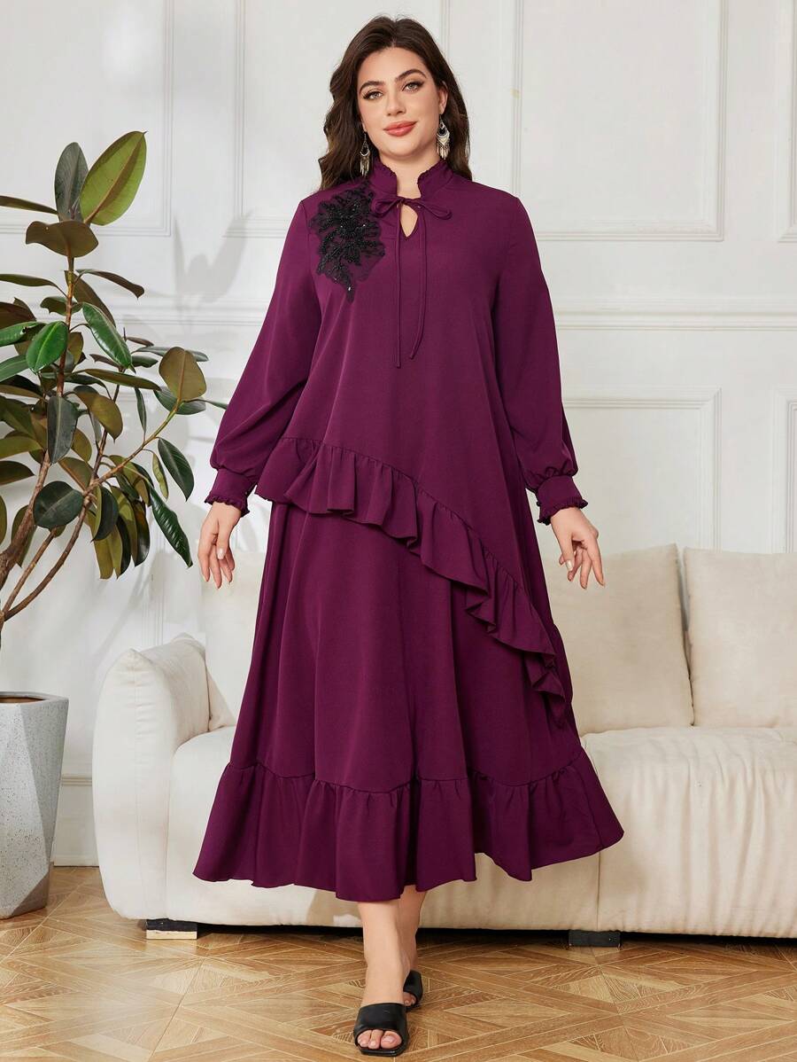 Lacomfia 大码高领贴花优雅连衣裙 - 紫色 - 查看 1