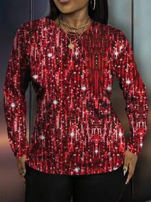 Maweii Maglietta casual casual da donna oversize con stampa casuale a paillettes, manica lunga