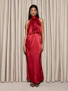 AiiRZ Luxurious Halter Neck Satin Evening Maxi Dress Party Gown Wedding Guest Formal Holiday Special Occasion Long Elegant Flowy Dress - Red - View 5