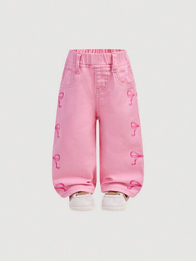 SHEIN Baby Girl Cute Loose Straight Leg Jeans With Bow Decor, Blue, Girl Fall And Winter Clothes,Fleece And Thicken Denim Jeans,Kid Girls Spring And Summer Casual Vacation Country Boho Wear, Beach Outfits For Kid Girls