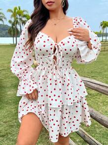 Flirla Plus Size Valentine's Day Heart Print Lace-Up Dress