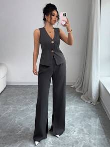Elenzga 2 Pieces V-Neck Vest And Wide Leg Pants Set, Elegant And Stylish For Women - Grey - View 1