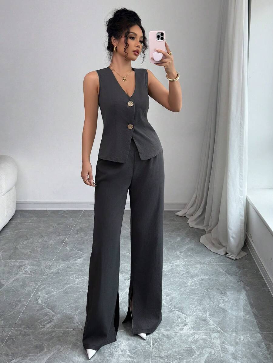 Elenzga 2 Pieces V-Neck Vest And Wide Leg Pants Set, Elegant And Stylish For Women - Grey - View 1