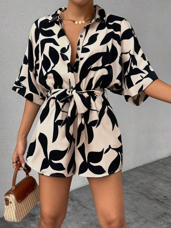 Chiquease Damen Jumpsuit mit Knopfleiste, Kurzarm, Fronttasche und Bindung, Lässig
