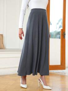 SHEIN Clasi Simple Solid Color Oversized Swing Ribbed Knit Grey Maxi Skirt, Casual & Fashionable For Everyday Wear Fall Cloth For Women - Dark Grey - View 3