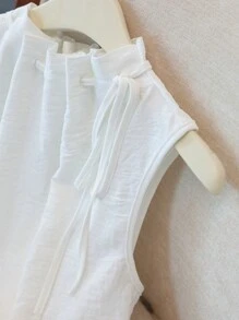 Franclia Elegant Sleeveless Elastic Waist Wide Collar Drawstring Textured Woven White Shirt For Women, Spring/Summer