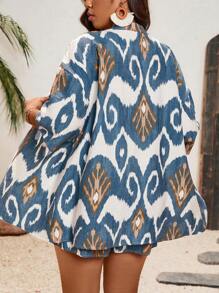 SHEIN VCAY Plus Size Boho Vacation Style Printed Shirt And Shorts 2 Pieces Set, For Summer - Blue and White - View 2
